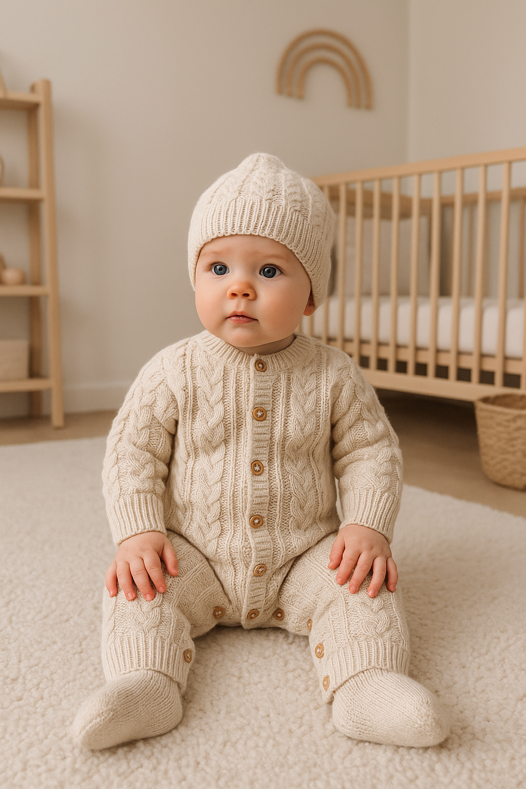 Babygrow de malha com gorro e carapins Areia