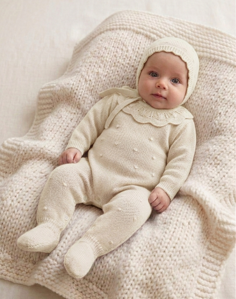 Babygrow de Malha Pompons Gola com touca Areia