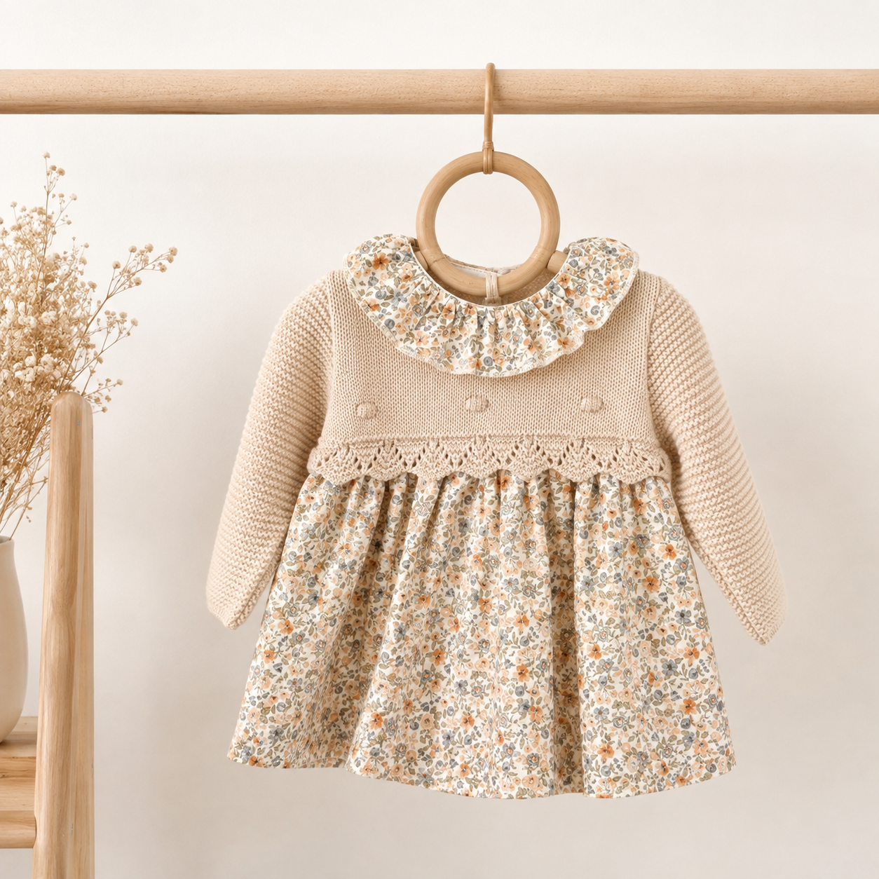 Vestido de Tecido e Malha com Flores Areia
