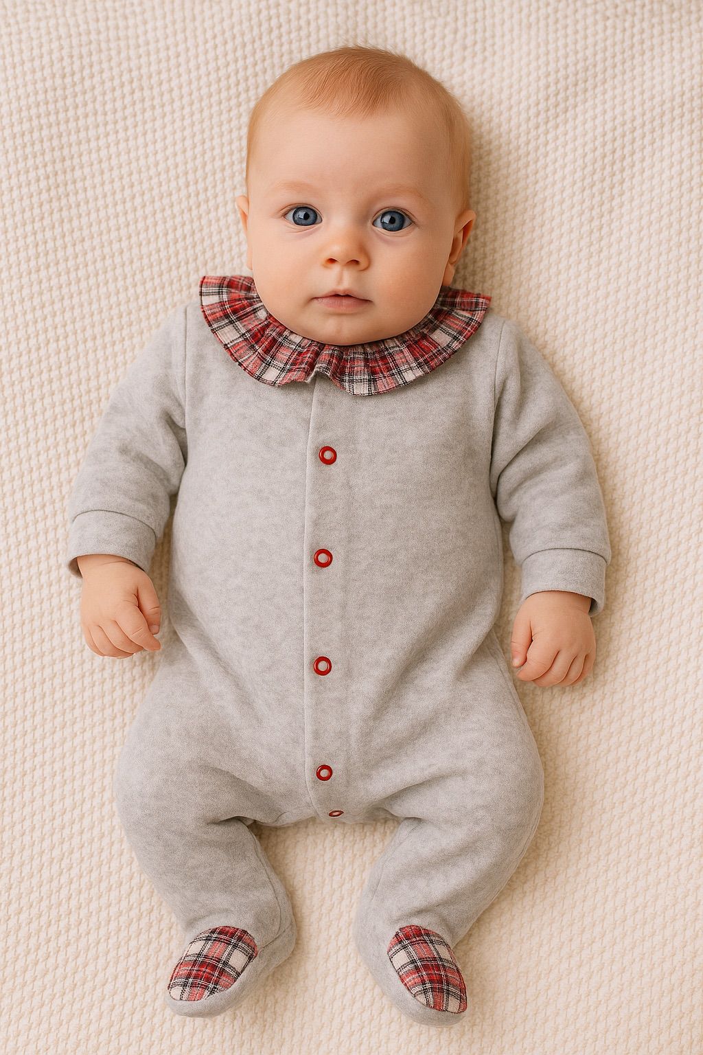FitFiu Babies® | Babygrow Veludo Gola Folho com Xadrez Vermelho