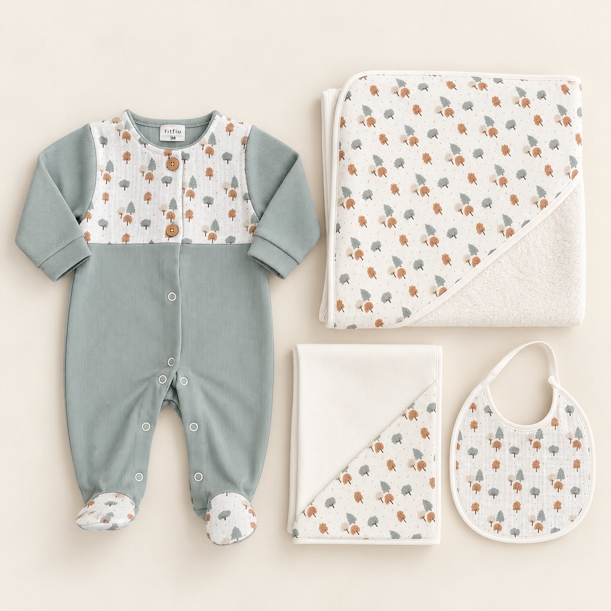 Pack FitFiu Babies® composto por babygrow verde canelado com peitilho estampado de árvores, toalha de banho com capuz, fralda e babete a combinar em tons de verde, bege e castanho.