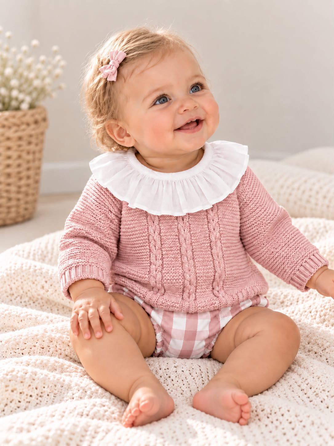 Tapa-fraldas Vichy rosa velho com camisola de malha de gola com folho para bebé