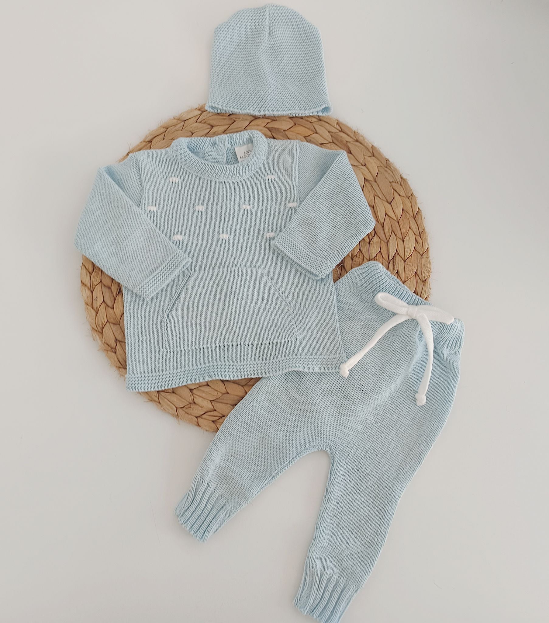 Conjunto de Malha Algodão Calças, Camisola com Bolsos e Gorro Azul