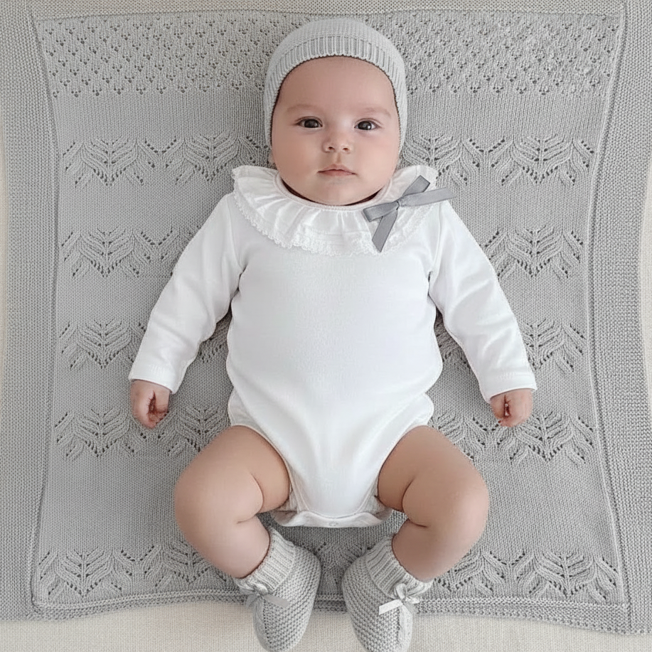 Bebé vestido com pack maternidade premium cinza: manta, body manga comprida, gorro com laços artesanais e carapins algodão FitFiu Babies
