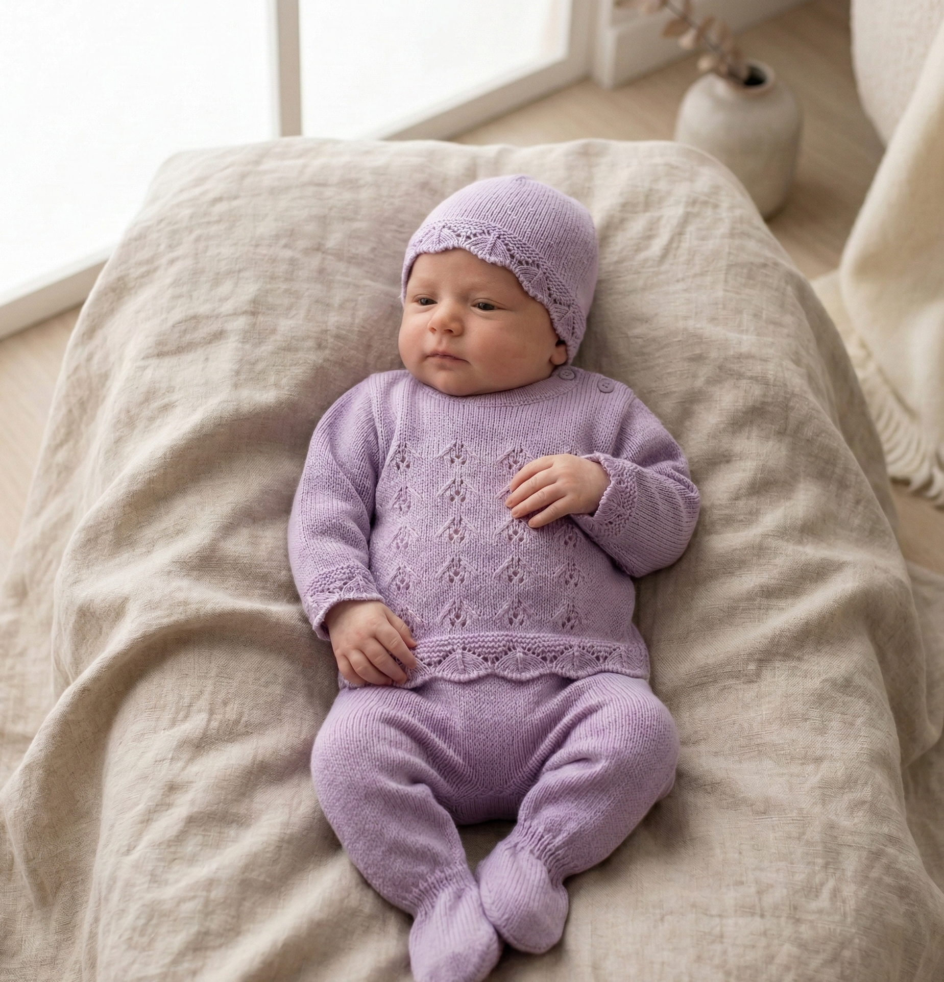 Conjunto de Malha Algodão com Gorro Espiga Lilás