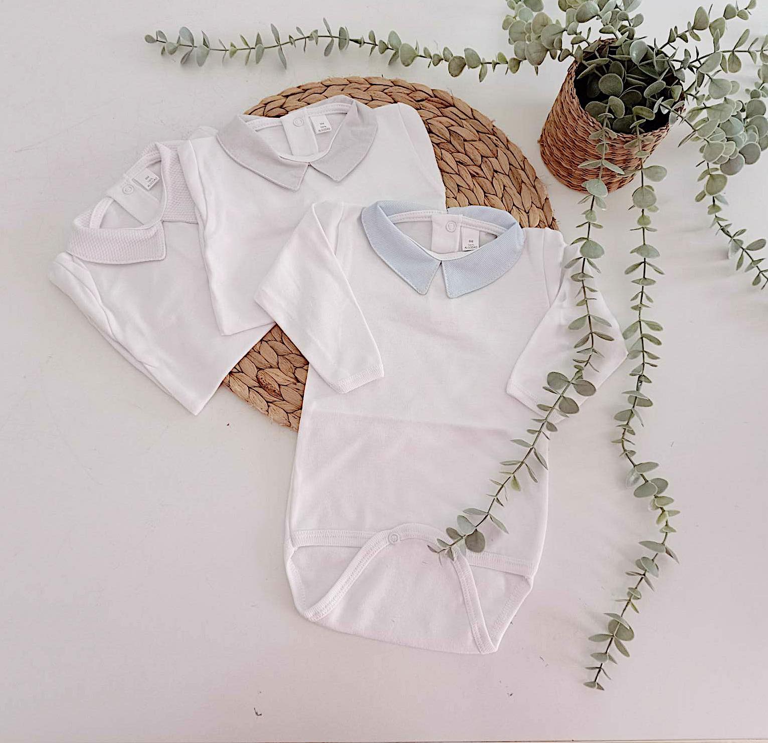 Body bebé gola bico manga comprida 100% algodão interior branco azul cinza FitFiu Babies
