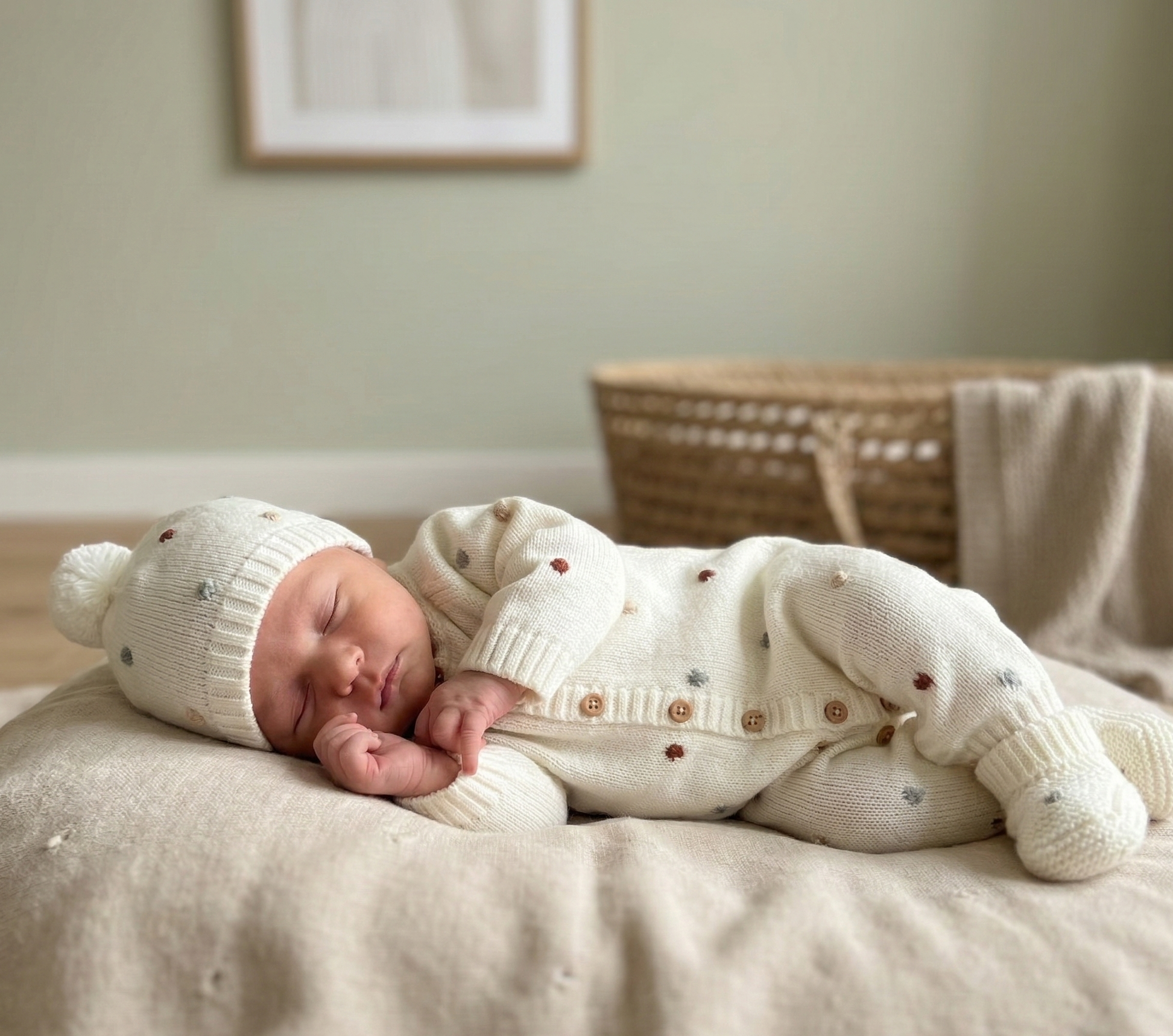 Bebé deitado vestido com babygrow de malha premium com pompons coloridos, gorro e carapins pérola FitFiu Babies

