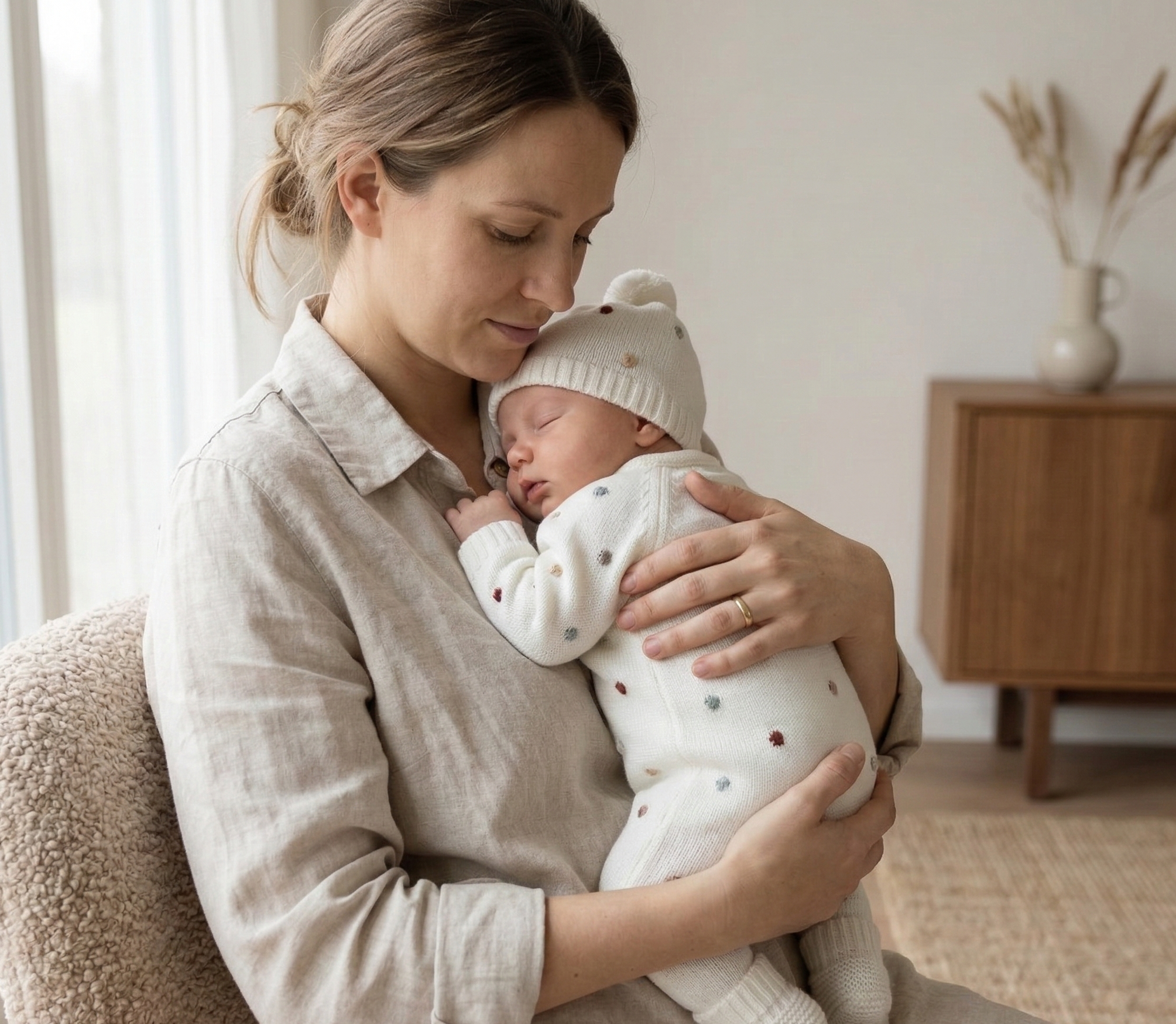 mãe e Bebé vestido com babygrow de malha premium com pompons coloridos, gorro e carapins pérola FitFiu Babies
