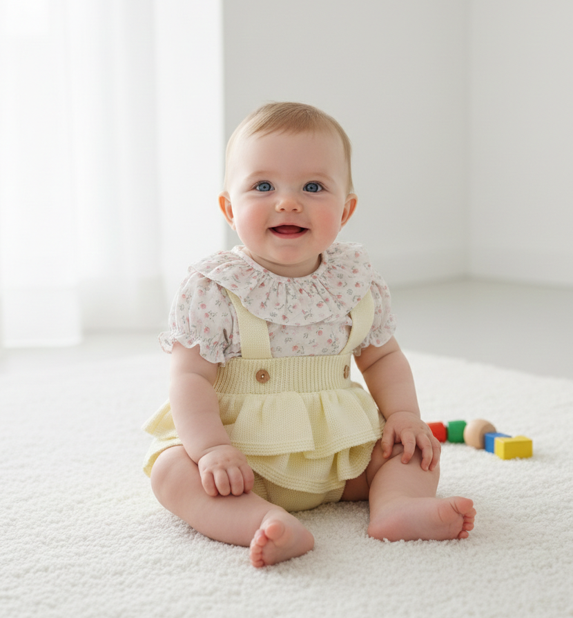 Bebé vestido conjunto fofo tapa fraldas blusa flores manga curta amarelo FitFiu Babies
